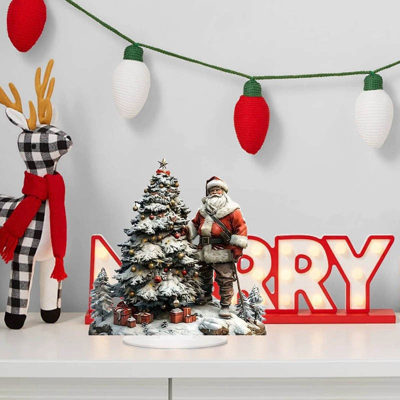 Santa & Reindeer 2D Acrylic Desk Figurine – Christmas Holiday Tabletop Decor